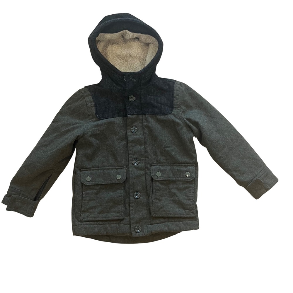 GapKids Boys Charcoal Gray Wool Blend Sherpa Lined Hooded Field Jacket Small 6-7